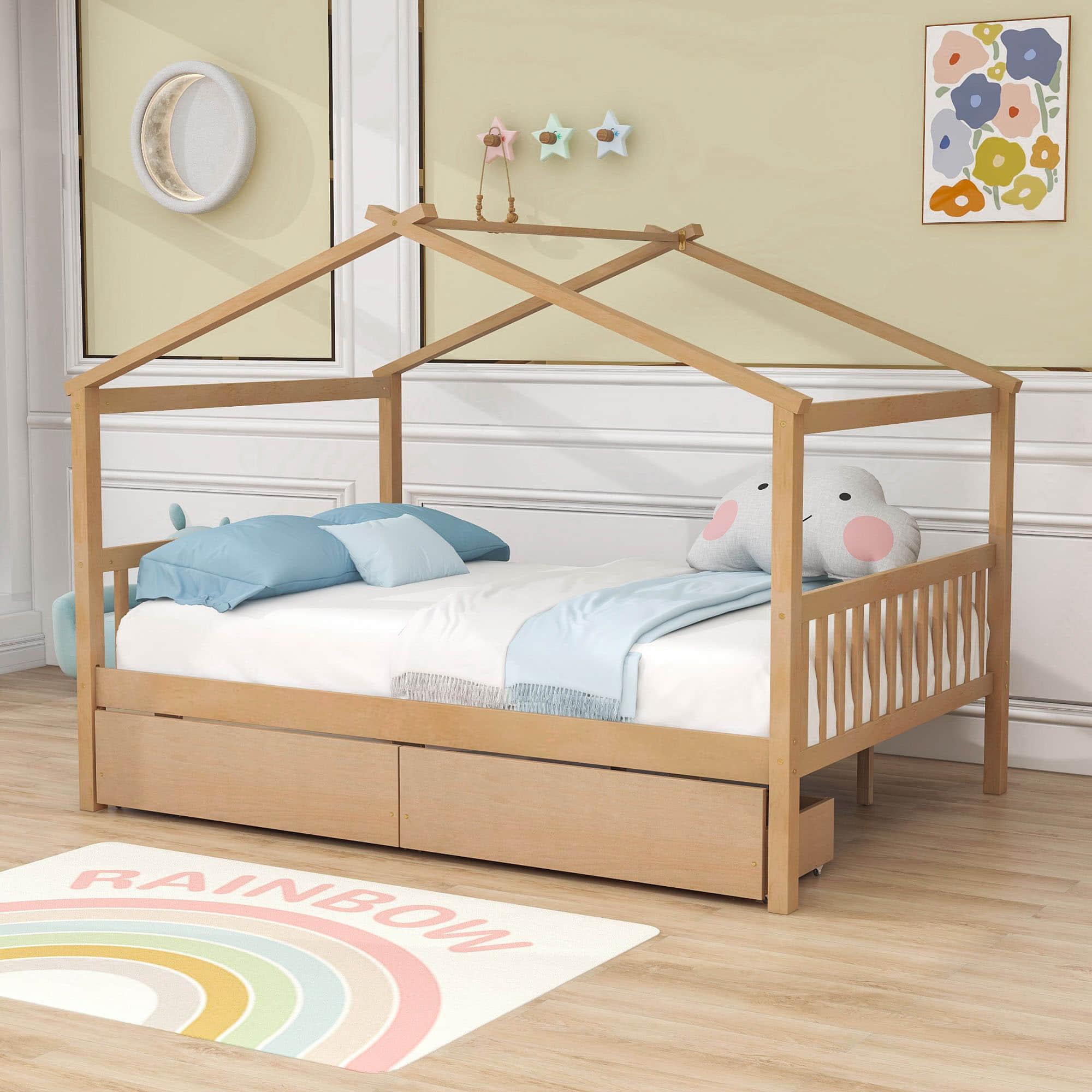 Wooden Full Size House Bed with Storage Drawers for Kids