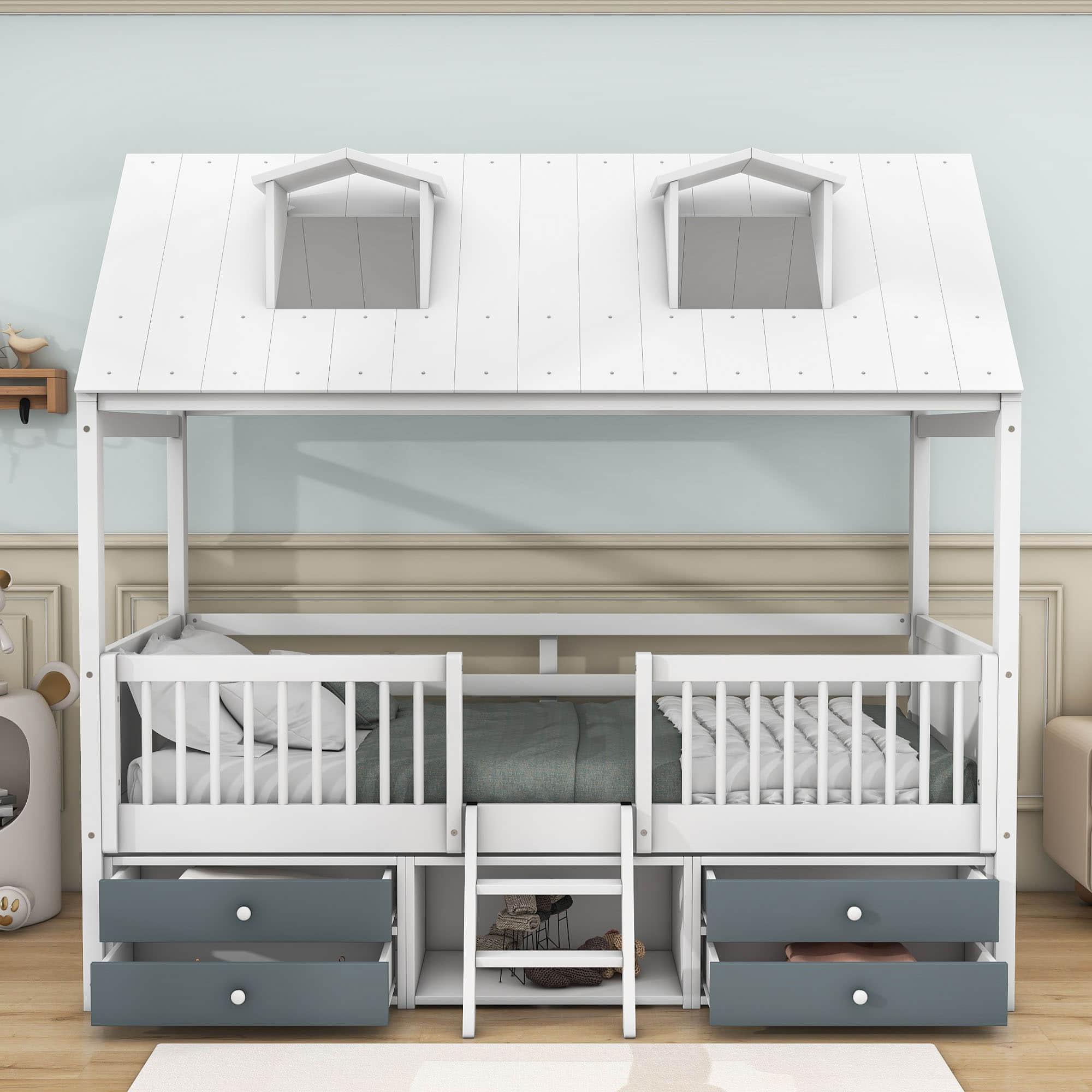 Low Twin Size Loft House Bed with Storage for Kids, Toddler - [Wooden]