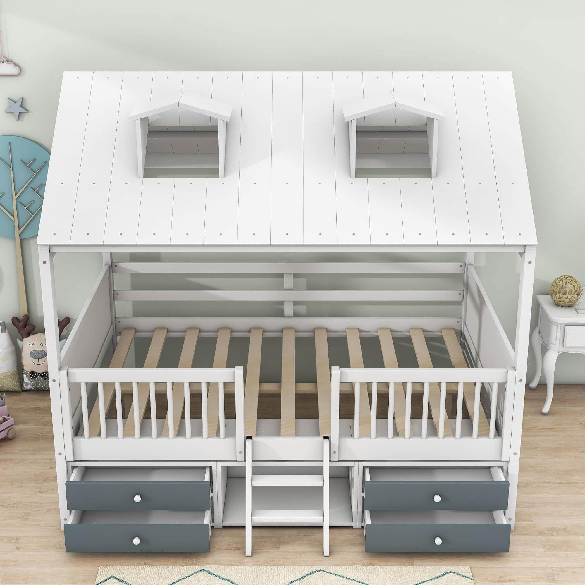 Low Full Size Loft House Bed with Storage for Kids, Toddler - [Wooden]