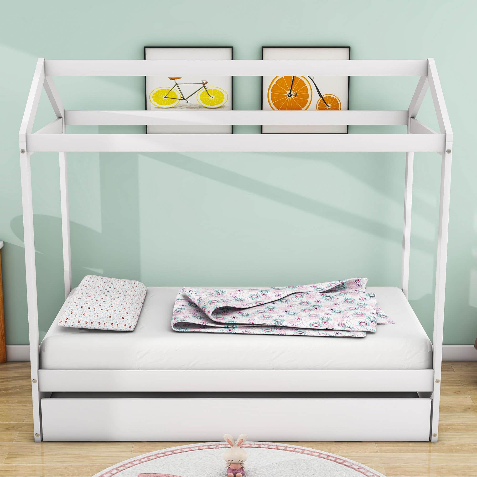 Wooden Kids Twin House Bed with Twin Trundle Bed