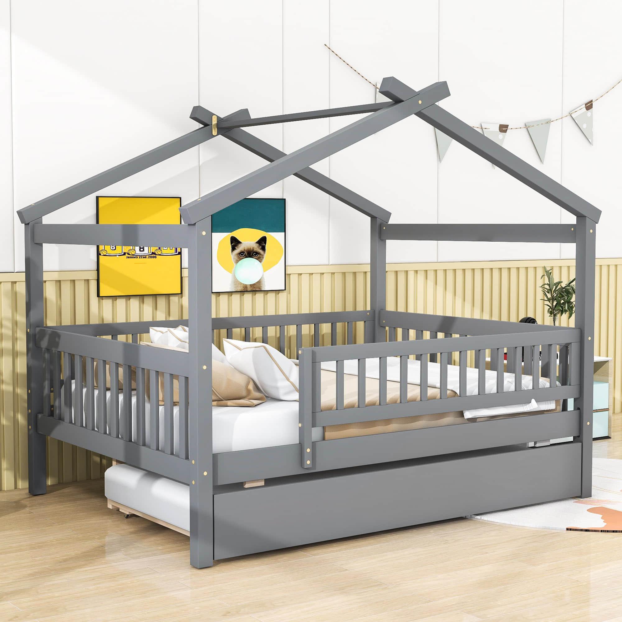 Wooden Full Size House Bed Frame with Twin Trundle for Kids, Toddler