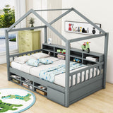 Wood Twin Size House Storage Bed Frame with Shelves and Mini-Cabinet