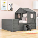 Full Size Low House Toddler Loft Bed with Stairs and Storage - [2 Steps]