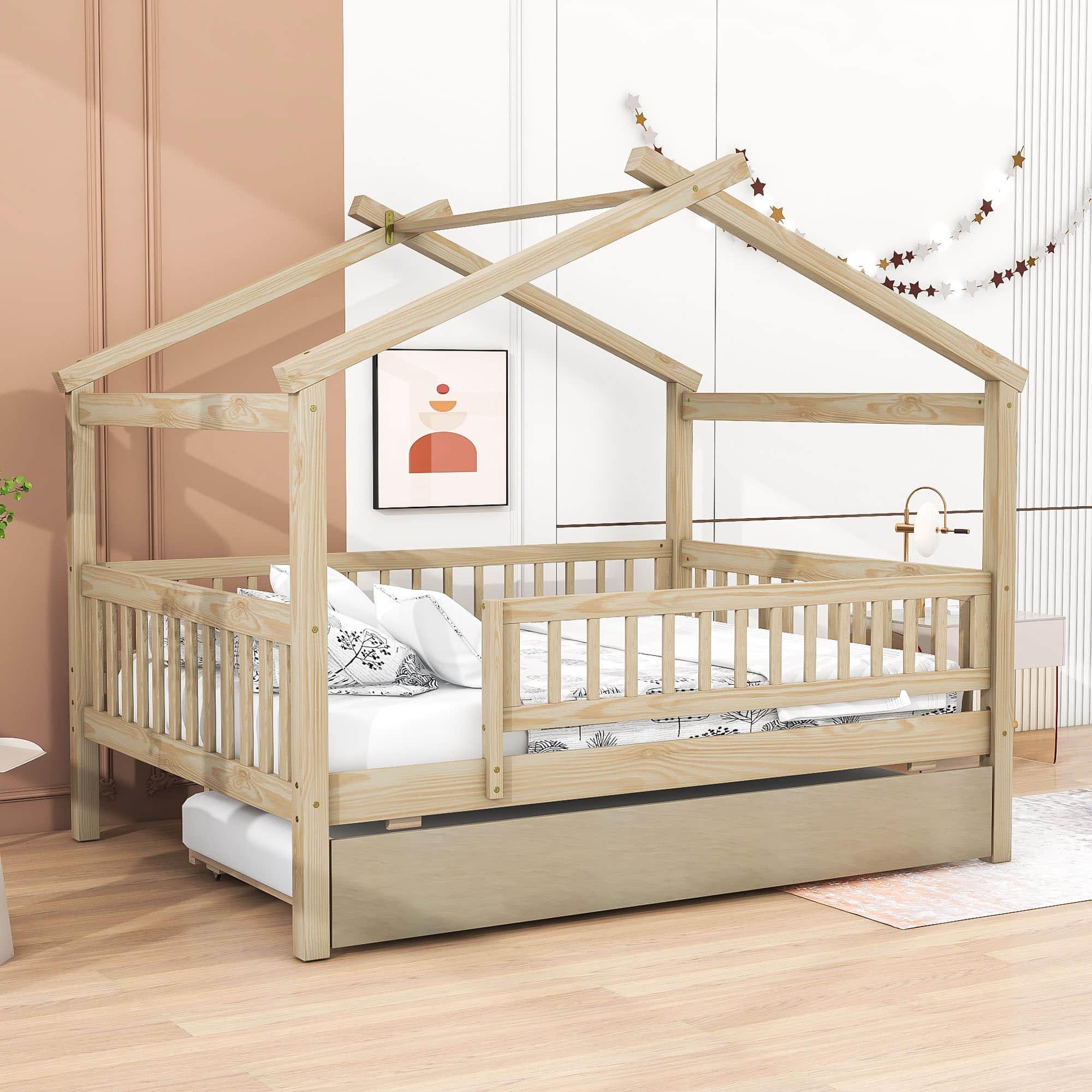 Wooden Full Size House Bed Frame with Twin Trundle for Kids, Toddler