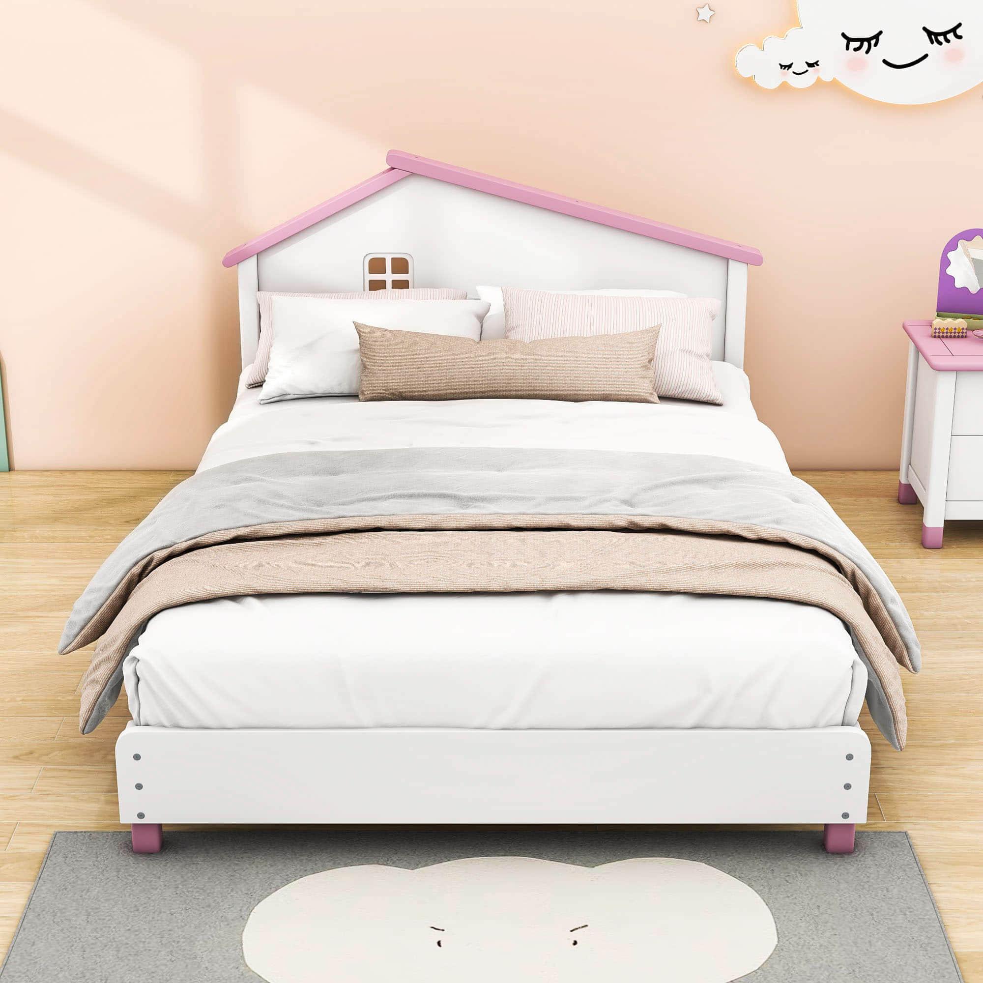 Full Size Wood Platform Bed with House-Shaped Headboard for Girls