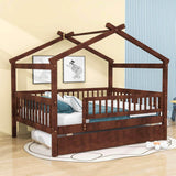 Wooden Full Size House Bed Frame with Twin Trundle for Kids, Toddler