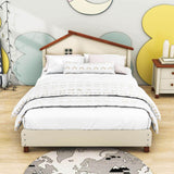 Full Size Wood Platform Bed with House-Shaped Headboard for Girls