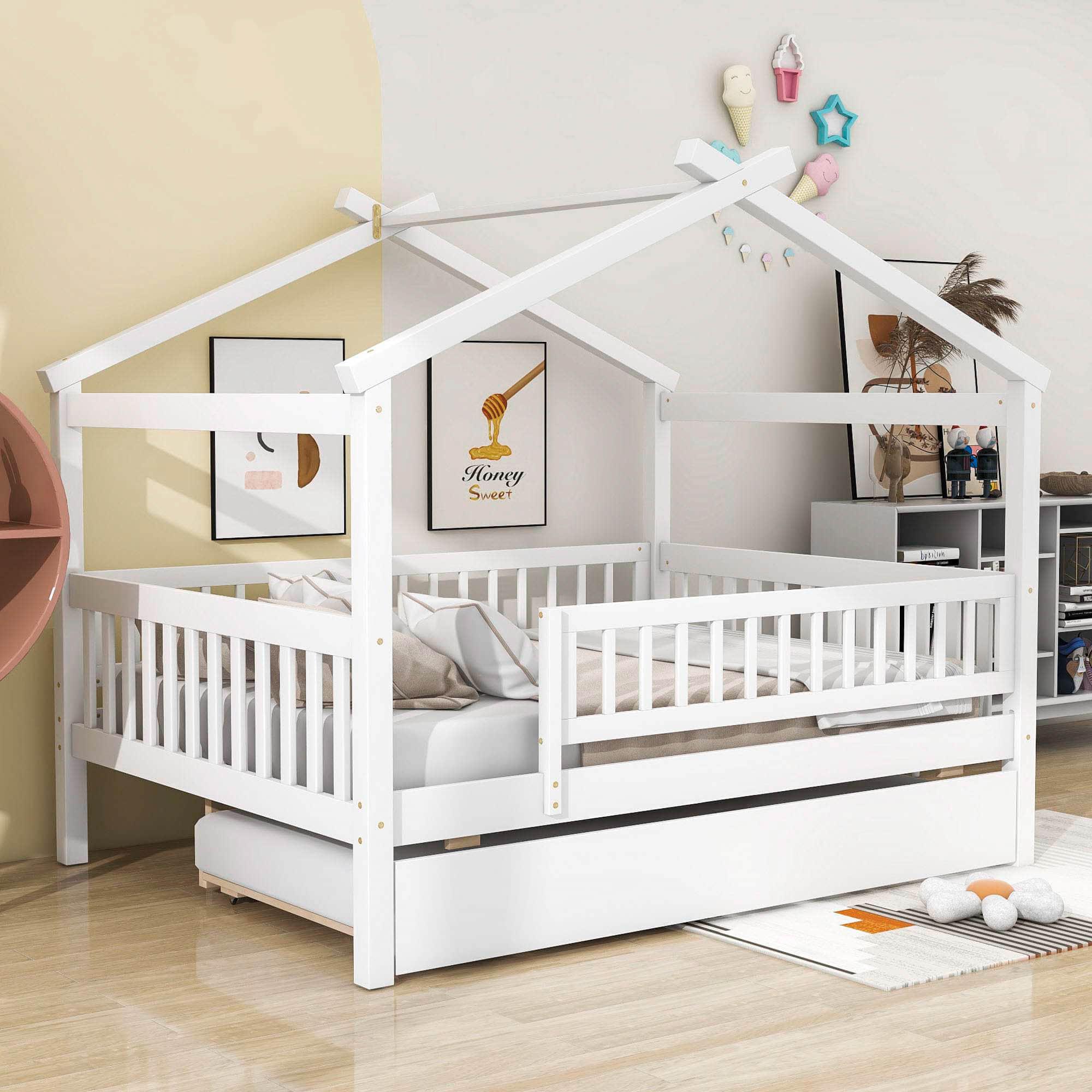 Wooden Full Size House Bed Frame with Twin Trundle for Kids, Toddler