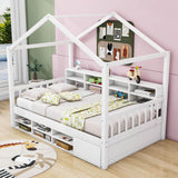 Wood Twin Size House Storage Bed Frame with Shelves and Mini-Cabinet