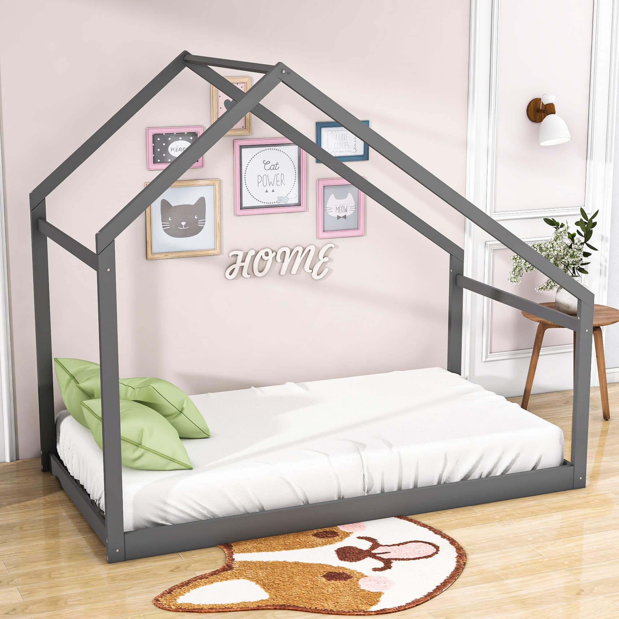 Montessori Twin Size Floor House Bed Frame for Toddler Kids - [Low, Wood]