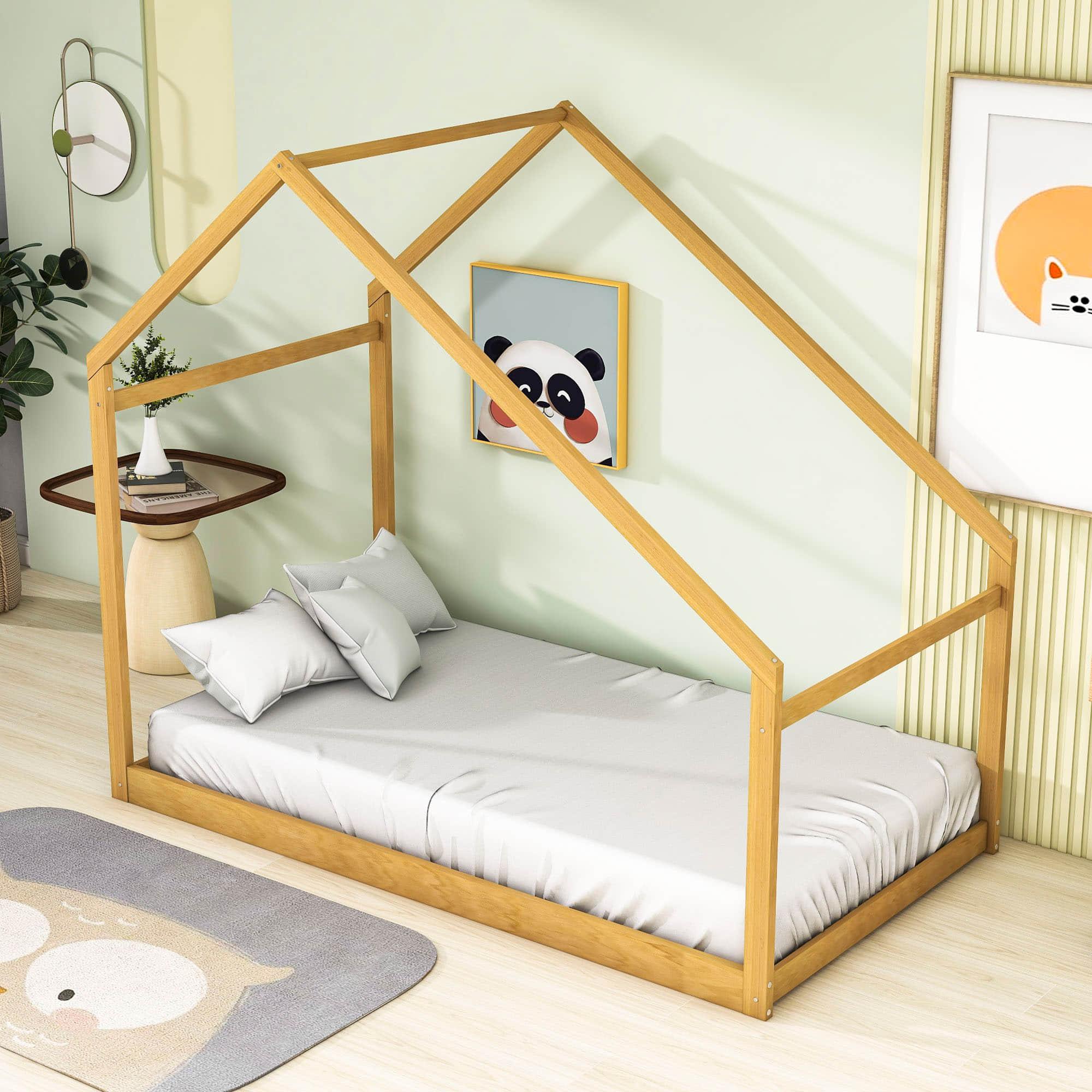 Montessori Twin Size Floor House Bed Frame for Toddler Kids - [Low, Wood]