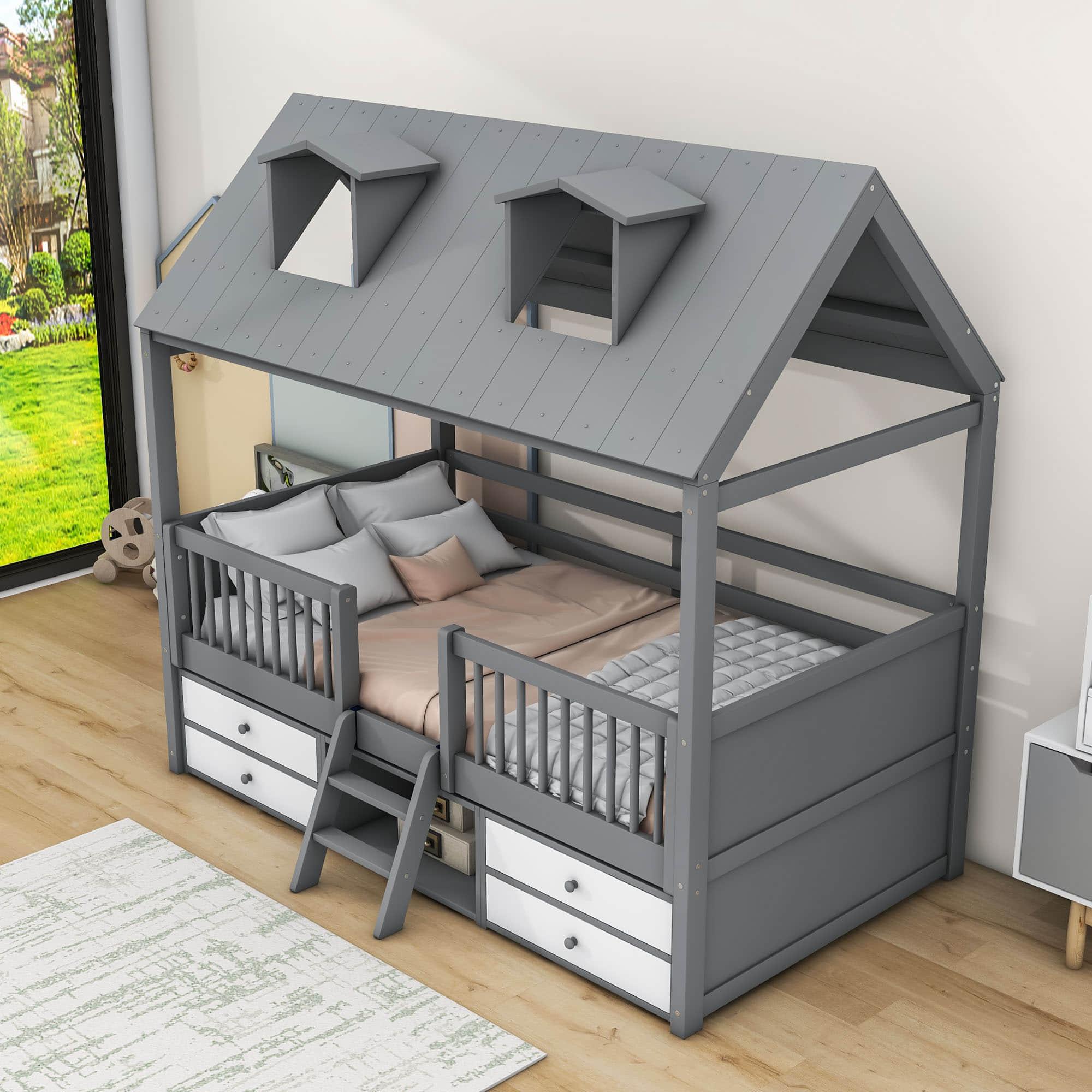 Low Twin Size Loft House Bed with Storage for Kids, Toddler - [Wooden]