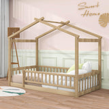 Twin Wood House Kids Toddler Floor Bed with Rails