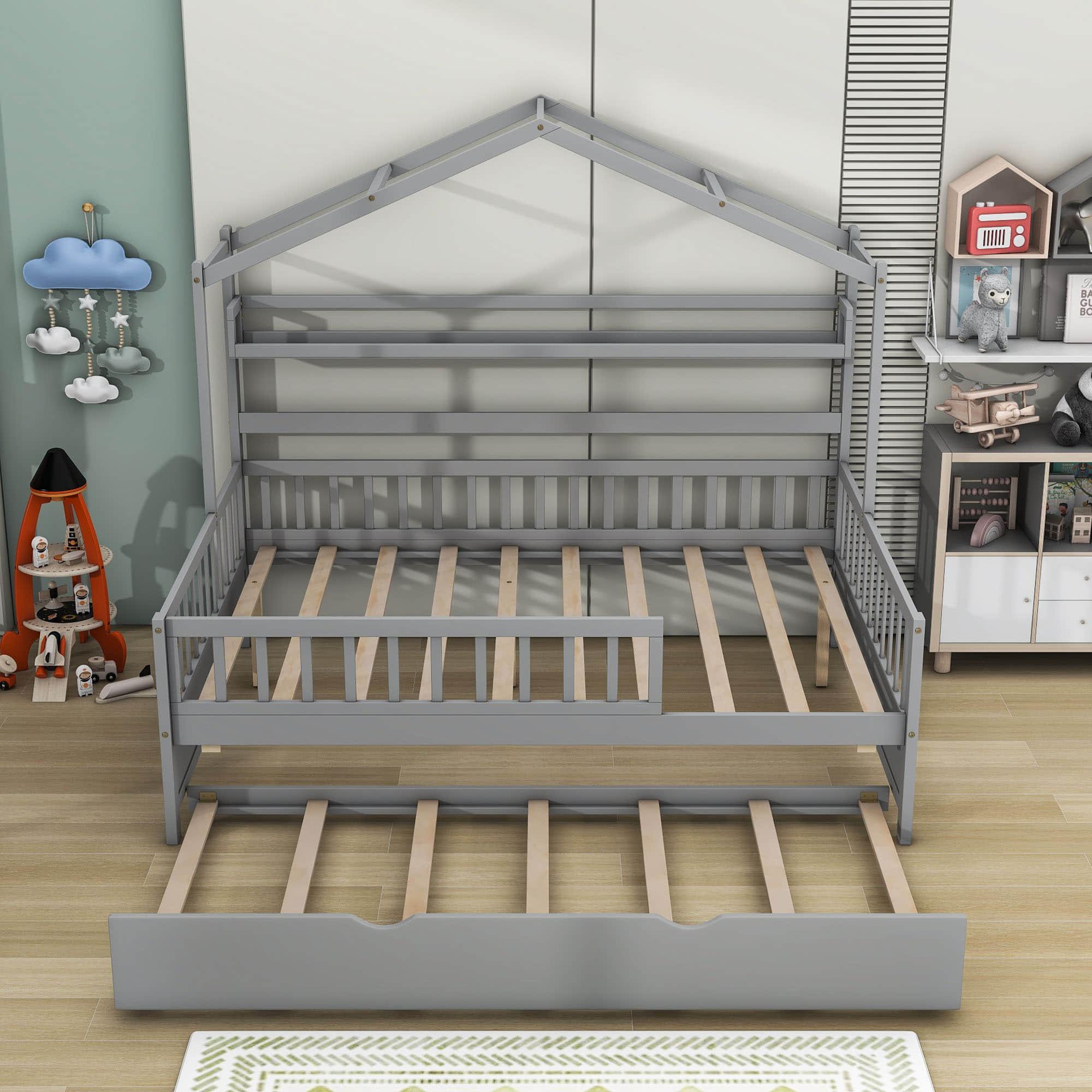 Wood Full Size Low House Bed Frame with Storage and Twin Trundle Bed