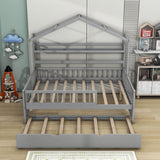 Wood Full Size Low House Bed Frame with Storage and Twin Trundle Bed