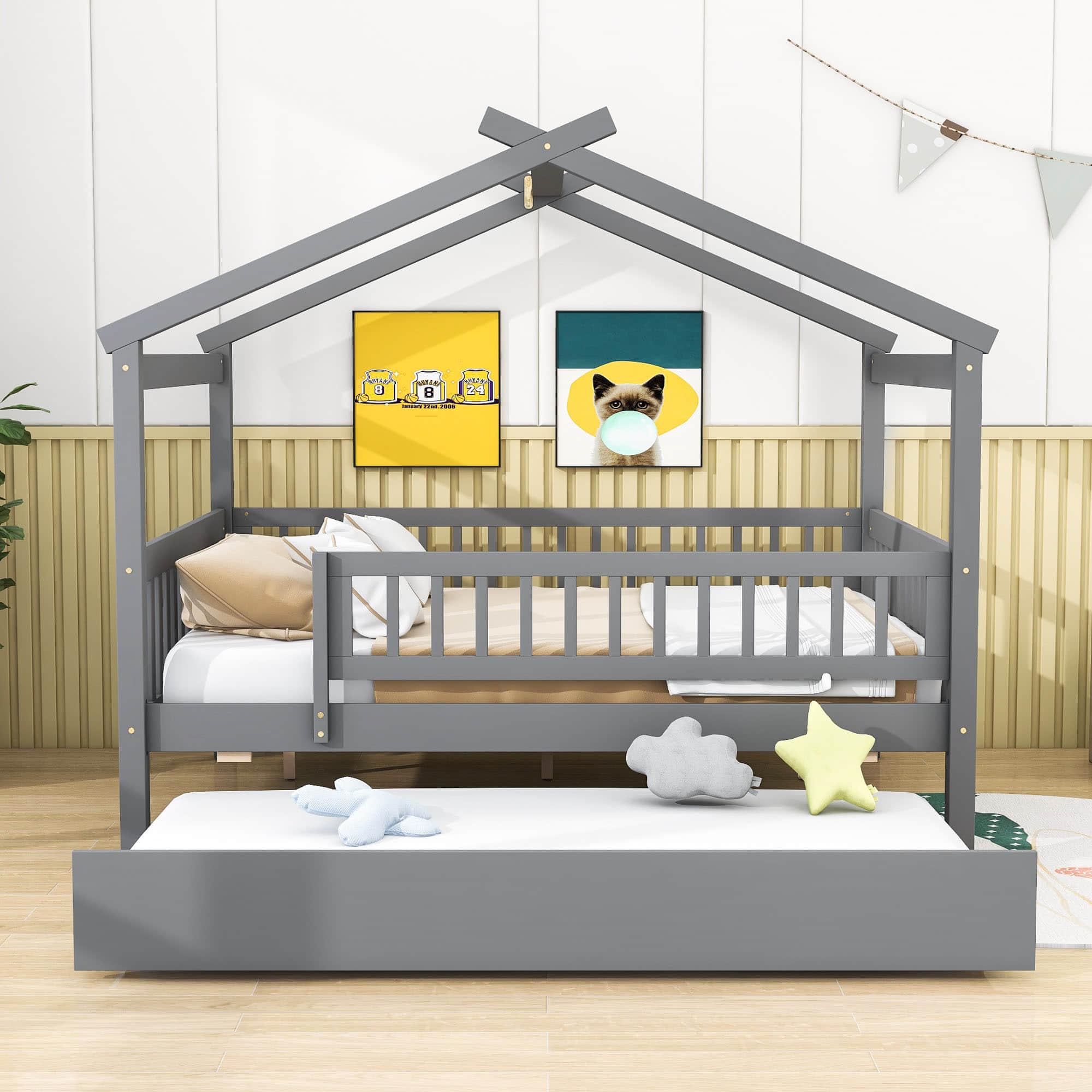 Wooden Full Size House Bed Frame with Twin Trundle for Kids, Toddler