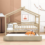 Wooden Full Size House Bed Frame with Twin Trundle for Kids, Toddler