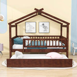 Wooden Full Size House Bed Frame with Twin Trundle for Kids, Toddler