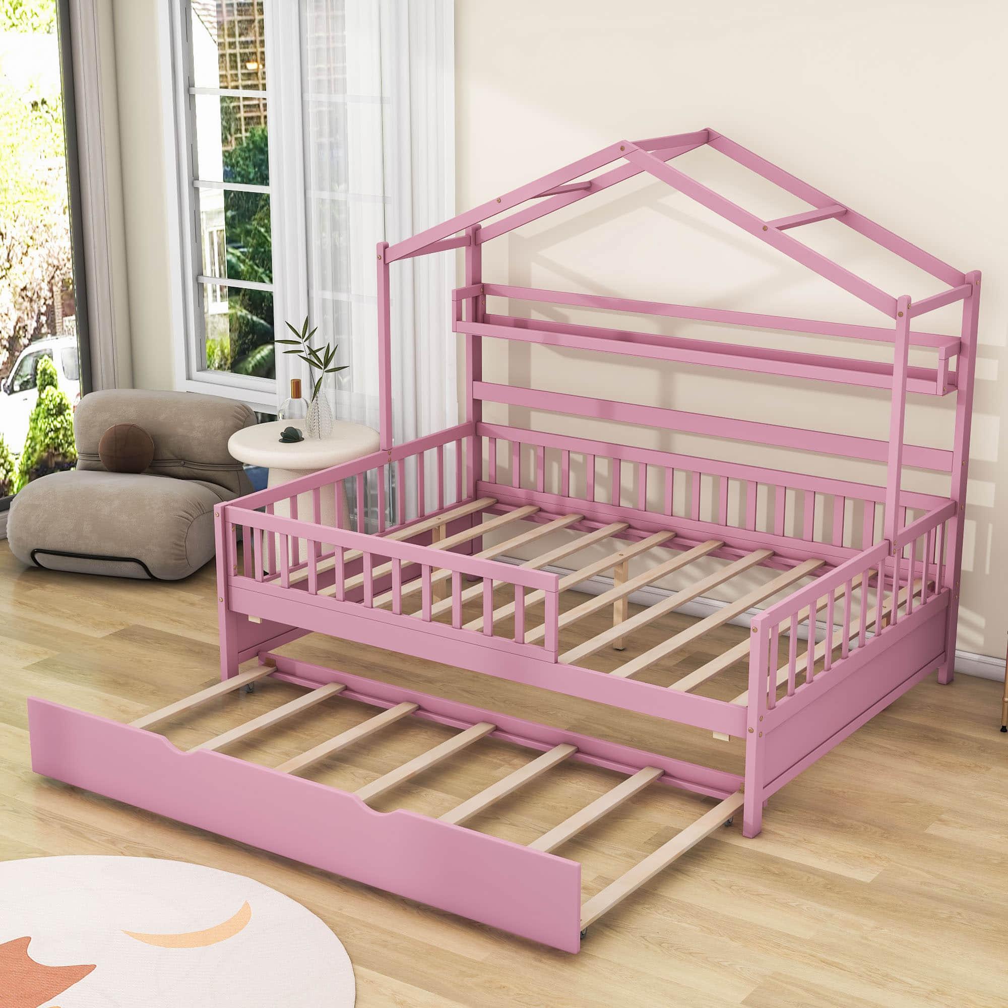 Wood Full Size Low House Bed Frame with Storage and Twin Trundle Bed