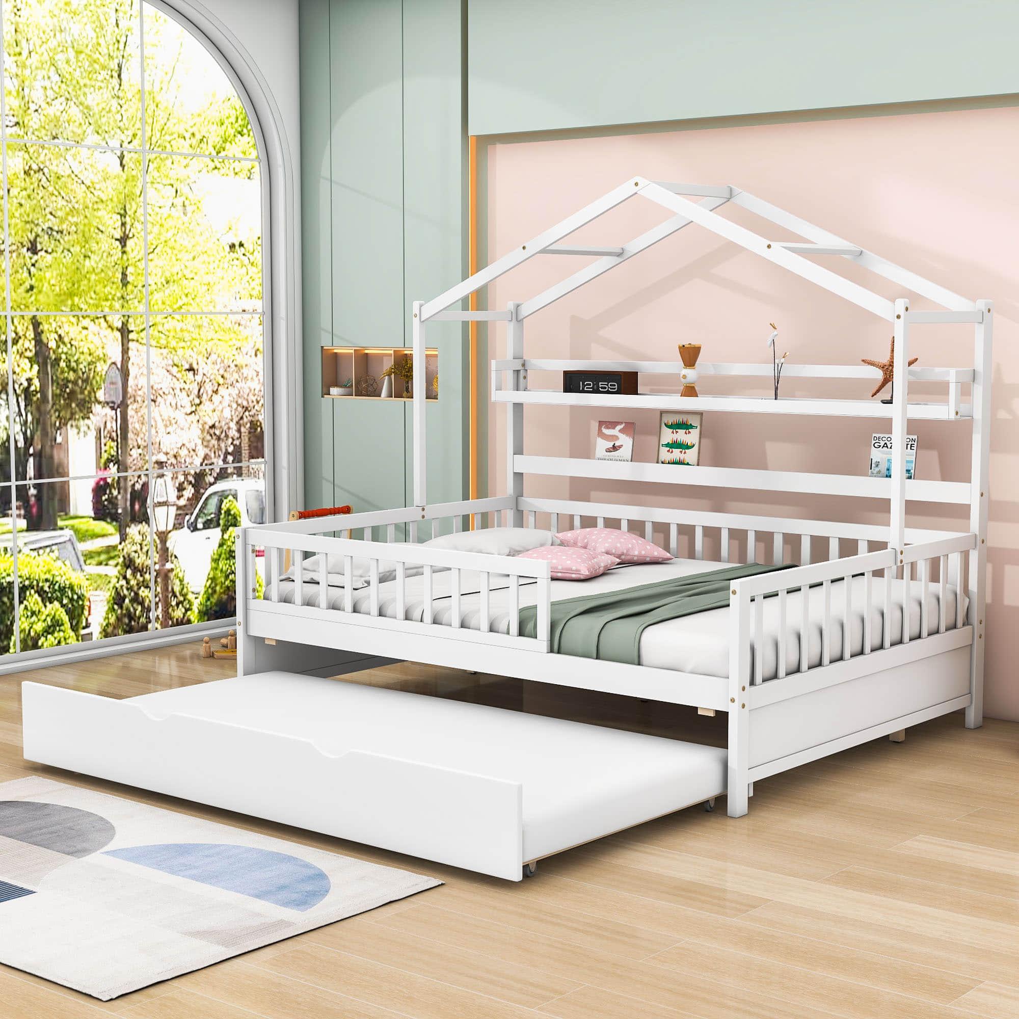 Wood Full Size Low House Bed Frame with Storage and Twin Trundle Bed