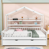 Wood Full Size Low House Bed Frame with Storage and Twin Trundle Bed