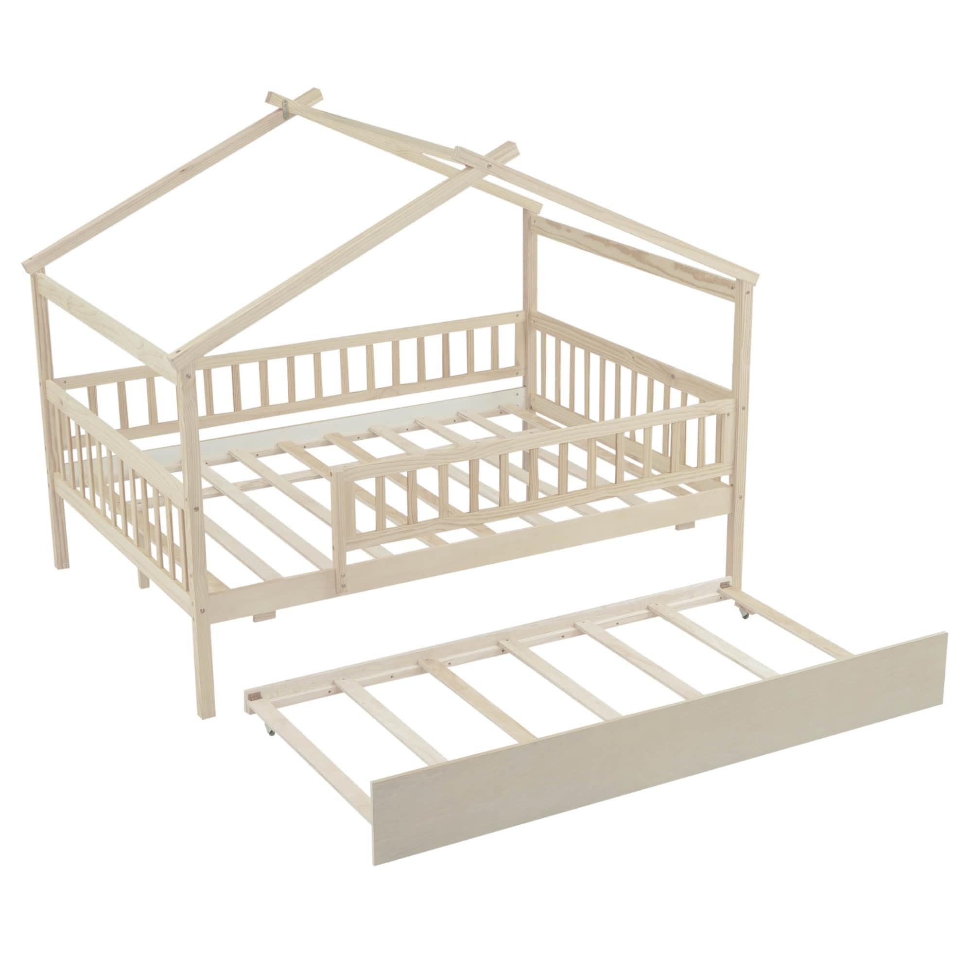 Wooden Full Size House Bed Frame with Twin Trundle for Kids, Toddler