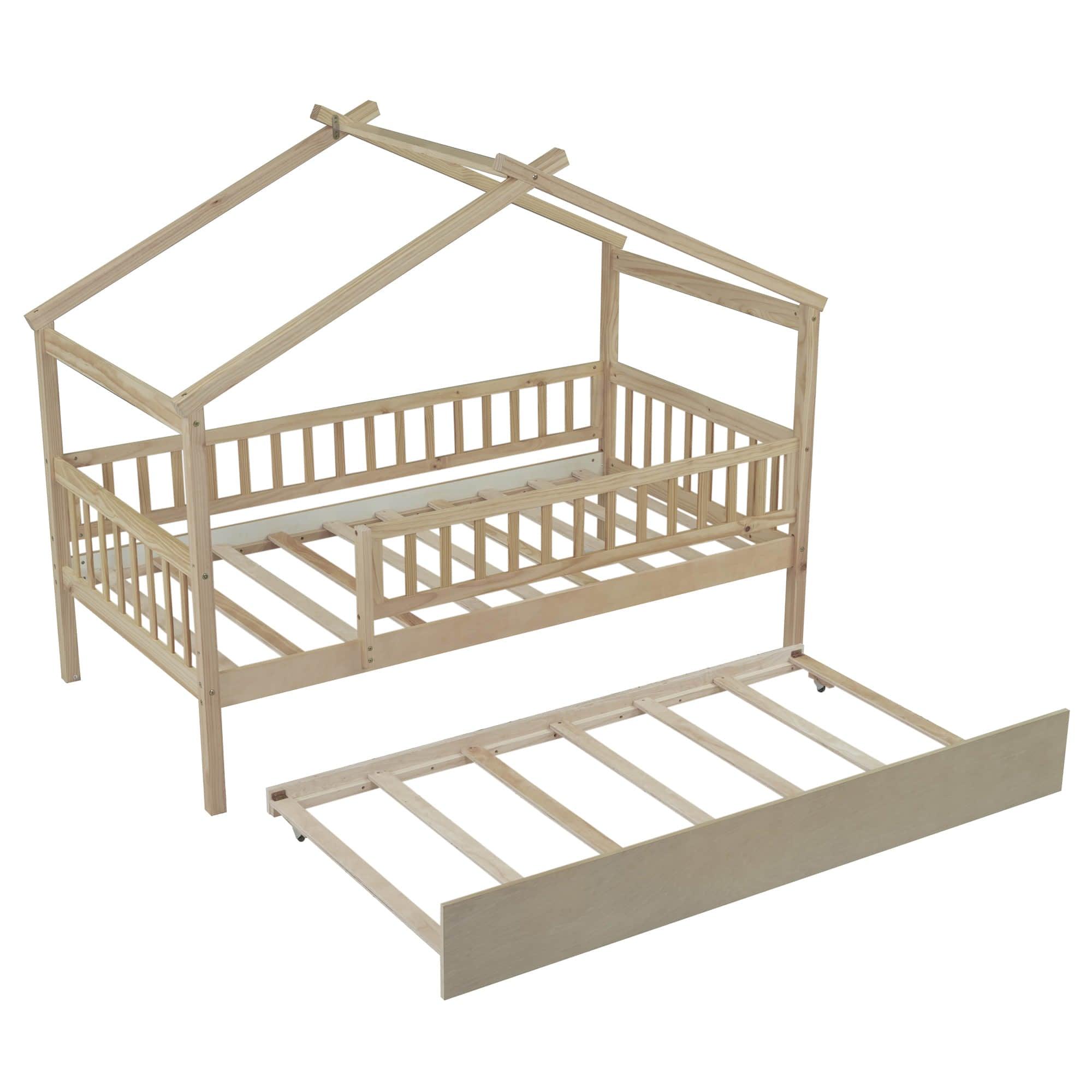 Wooden Twin House Bed with Twin Trundle for Kids, Toddler