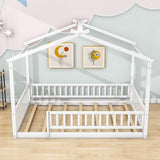 Full Size Wood House Kids Toddler Floor Bed with Rails