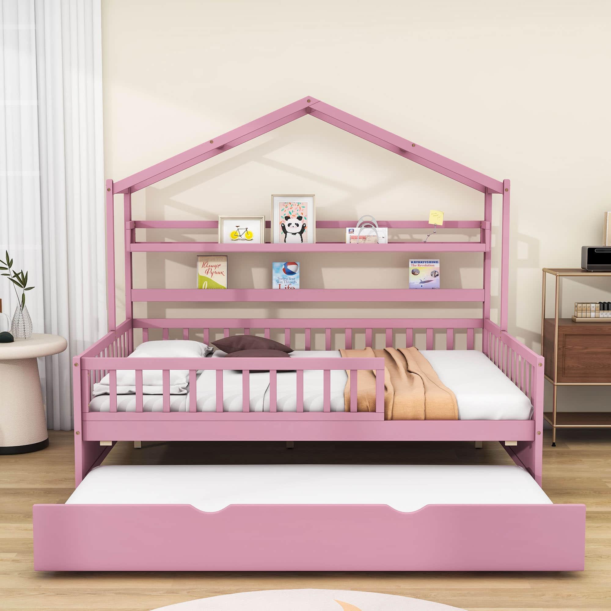 Wood Full Size Low House Bed Frame with Storage and Twin Trundle Bed