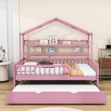 Wood Full Size Low House Bed Frame with Storage and Twin Trundle Bed