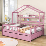 Wood Full Size Low House Bed Frame with Storage and Twin Trundle Bed