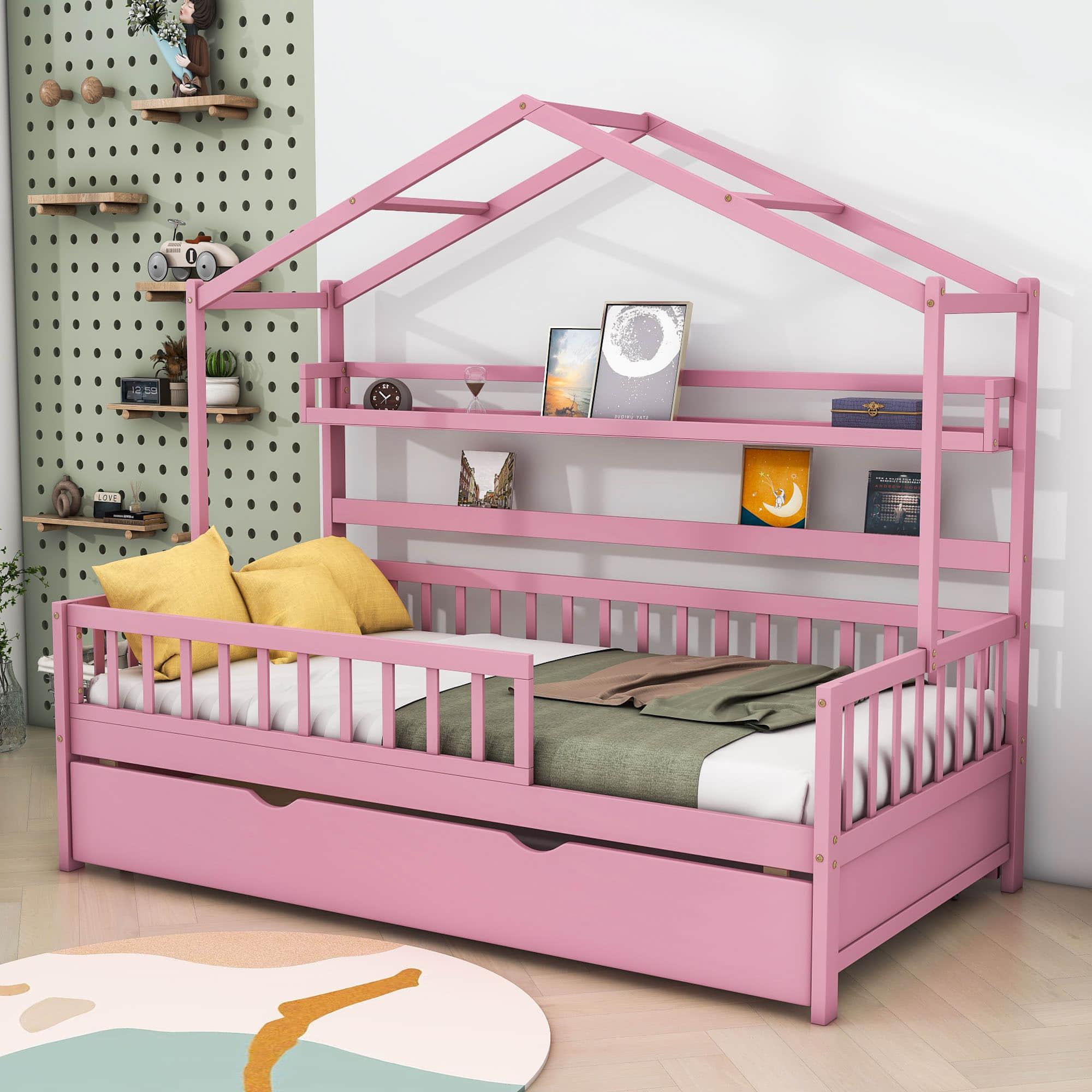 Wood Twin Size Low House Bed Frame with Storage and Twin Trundle Bed