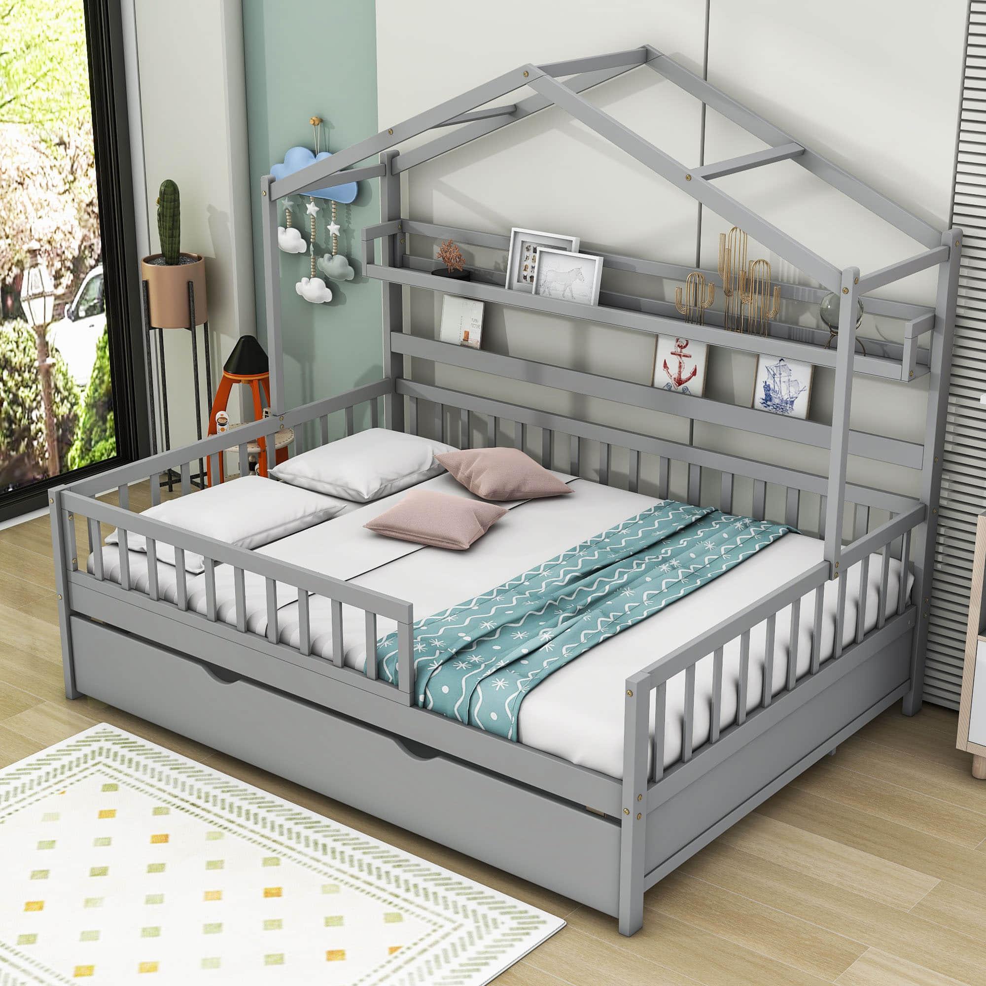 Wood Full Size Low House Bed Frame with Storage and Twin Trundle Bed