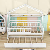 Wood Twin Size Low House Bed Frame with Storage and Twin Trundle Bed