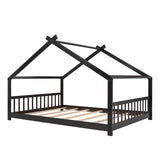 Wooden Full Size Low House Bed Frame for Toddler, Kids