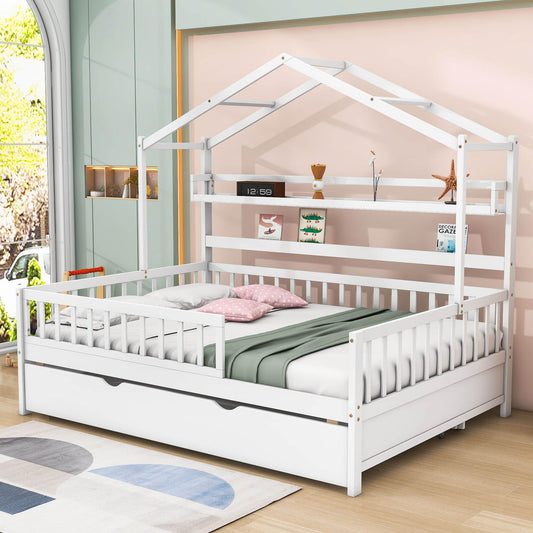 Wood Full Size Low House Bed Frame with Storage and Twin Trundle Bed