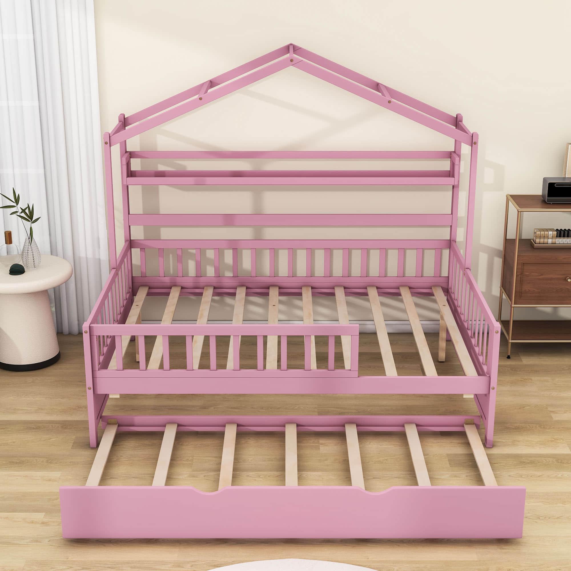 Wood Full Size Low House Bed Frame with Storage and Twin Trundle Bed