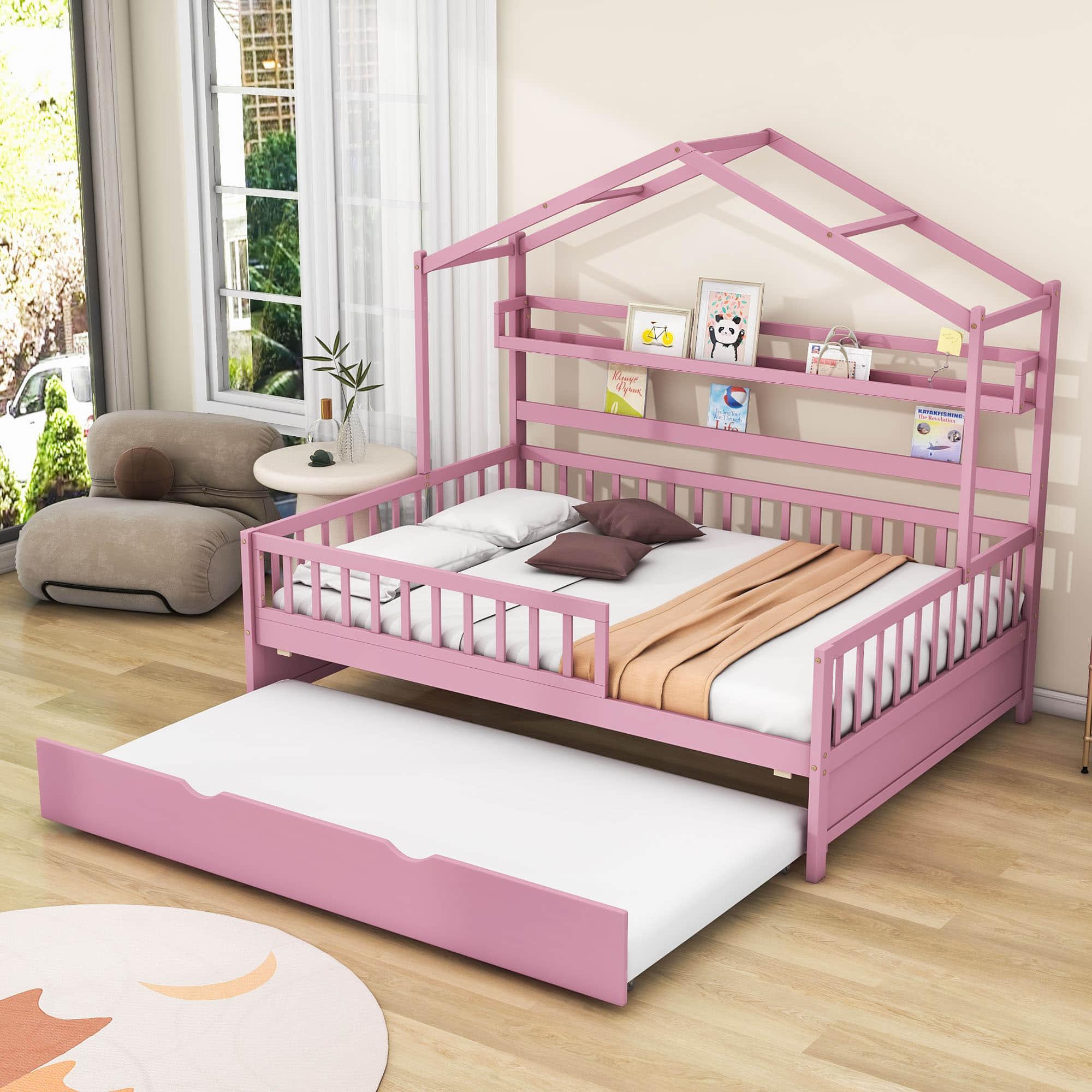 Wood Full Size Low House Bed Frame with Storage and Twin Trundle Bed