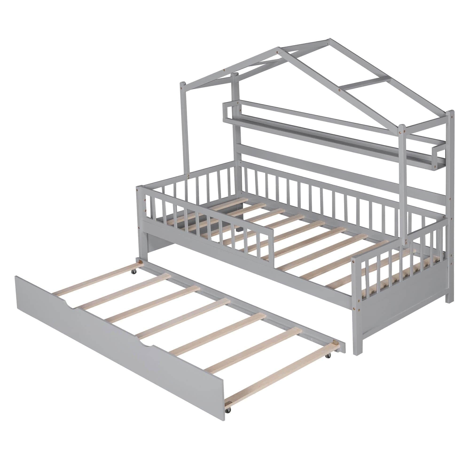 Wood Twin Size Low House Bed Frame with Storage and Twin Trundle Bed