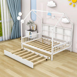 Wooden Kids House Full Size Bed with Trundle, Storage and Headboard - [Shelves]