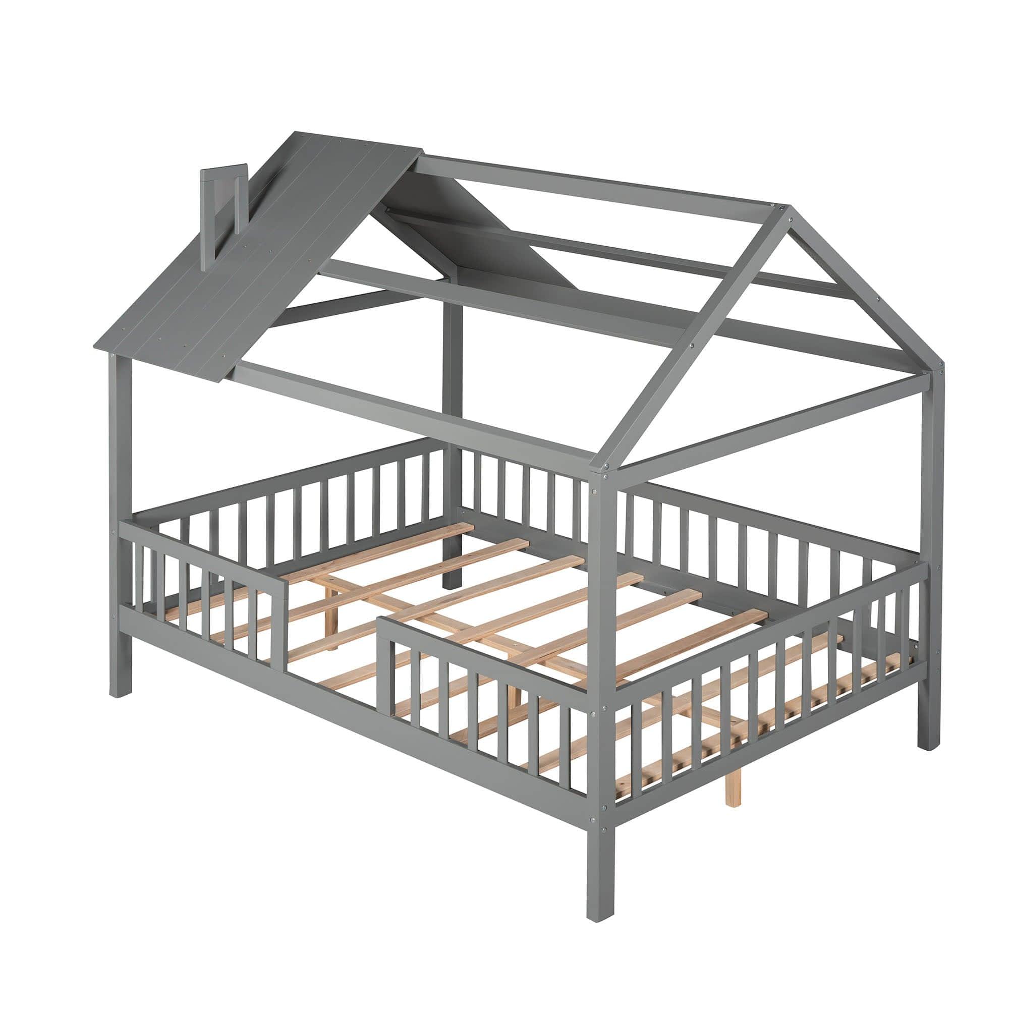 Full Wooden Kids Low Montessori Farmhouse Bed Frame with Rails