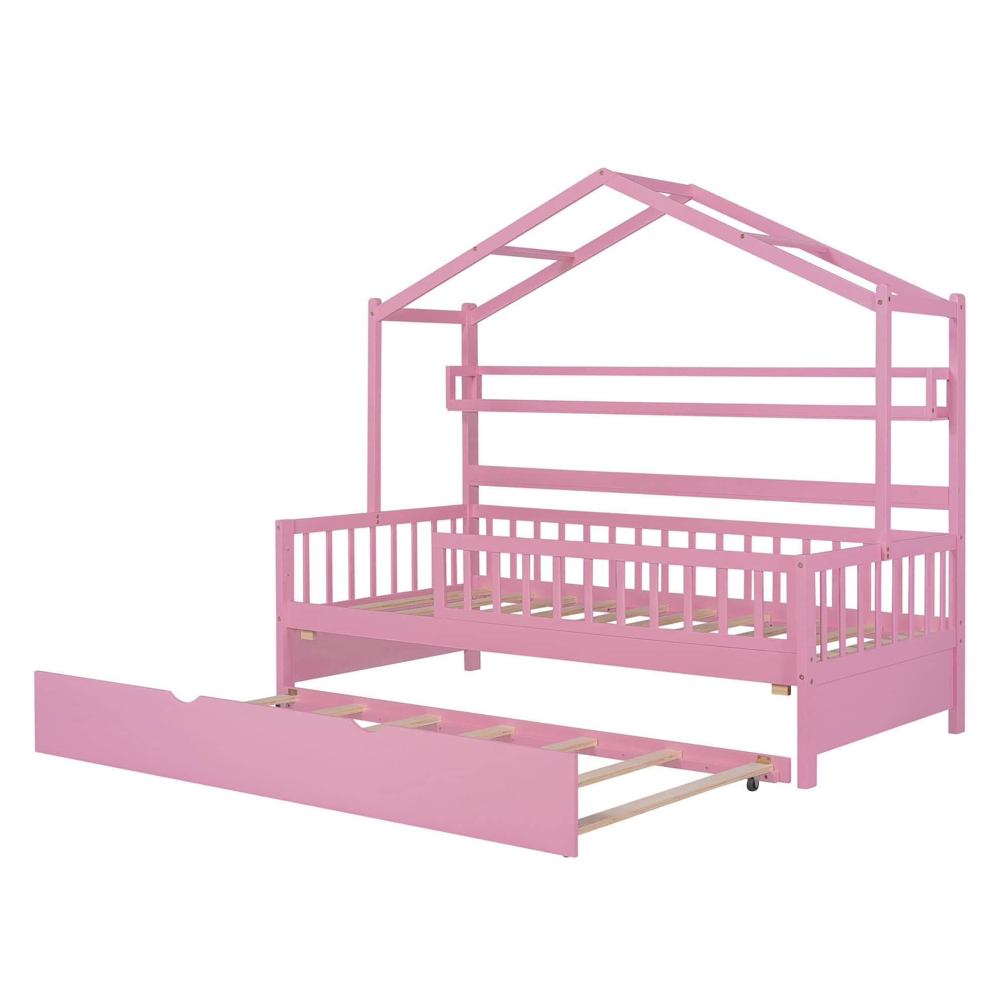 Wood Twin Size Low House Bed Frame with Storage and Twin Trundle Bed