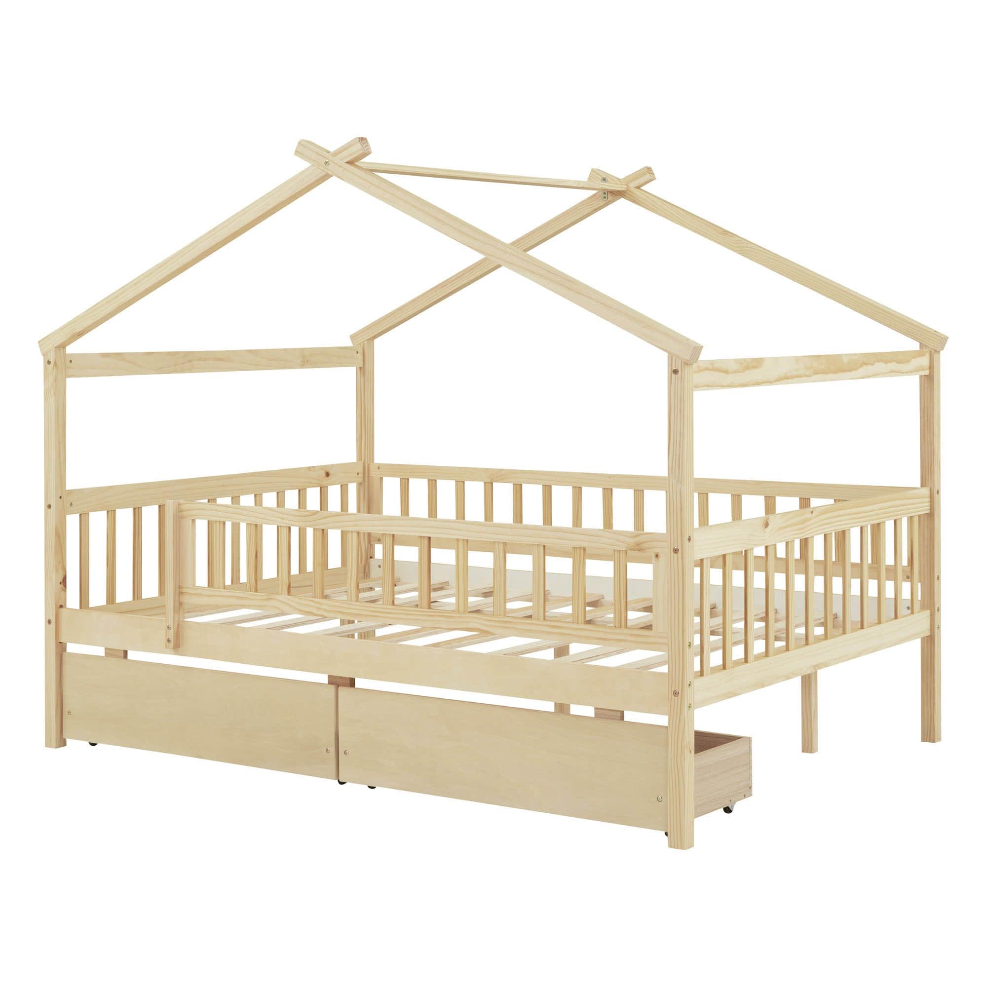 Full Size Wood House Toddler Bed Frame with Rails and Storage