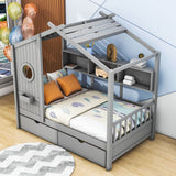 Kids Wooden Twin Size House Bed with Storage Drawers, Shelves