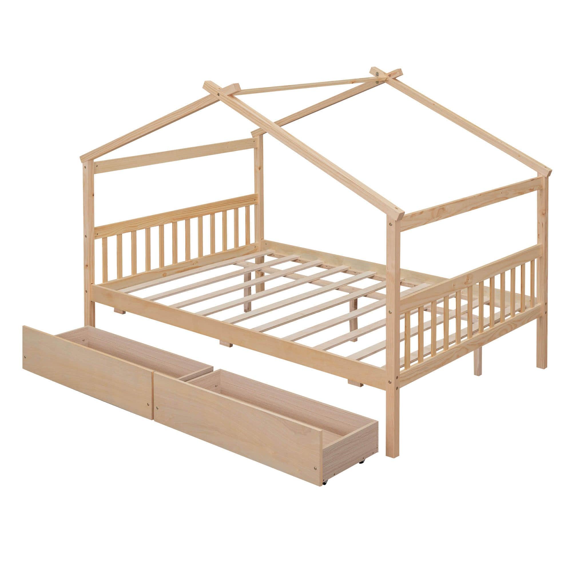 Wooden Full Size House Bed with Storage Drawers for Kids