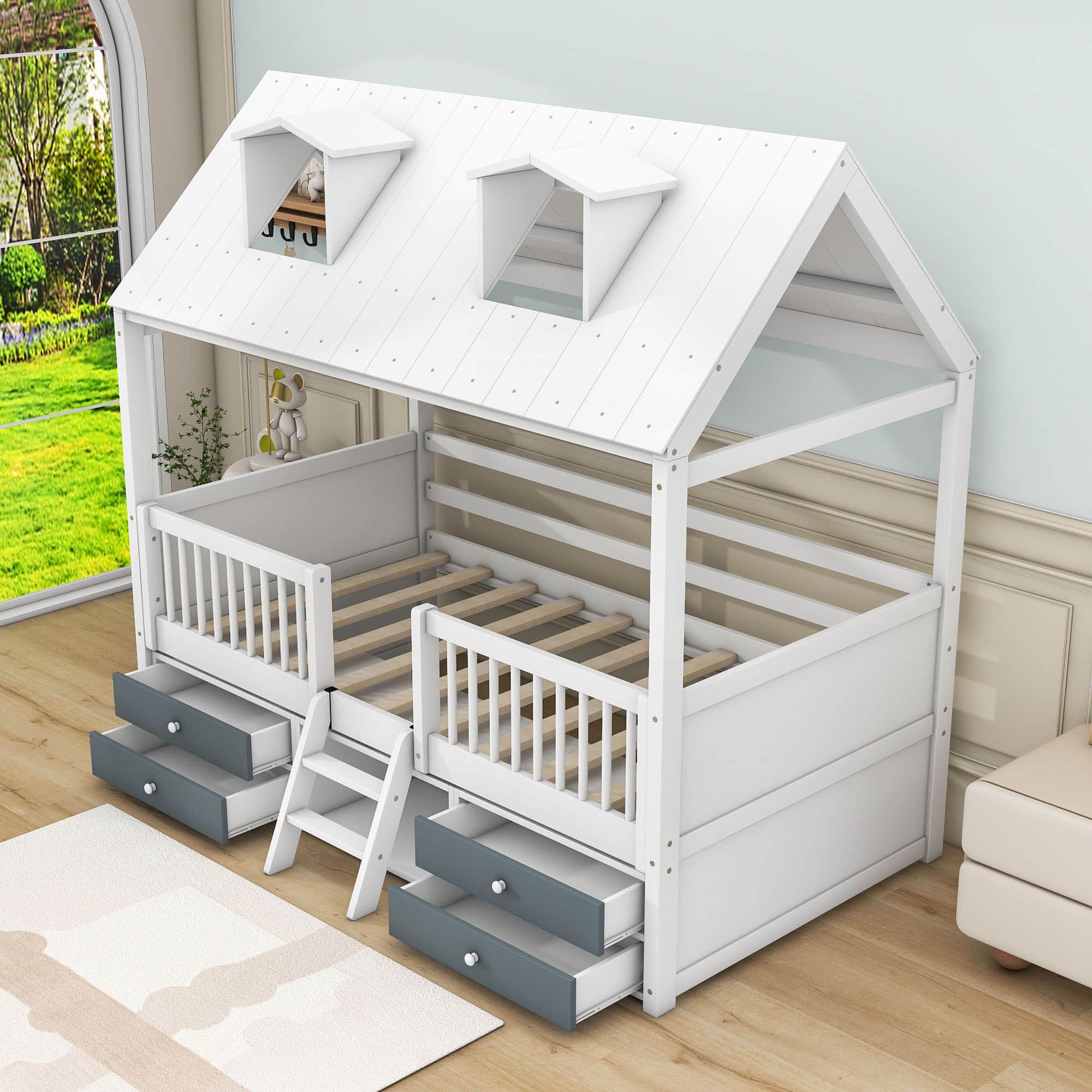 Low Twin Size Loft House Bed with Storage for Kids, Toddler - [Wooden]