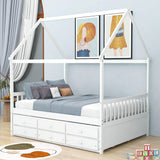 Full Size Kids Wooden House Bed Frame with Trundle and Storage