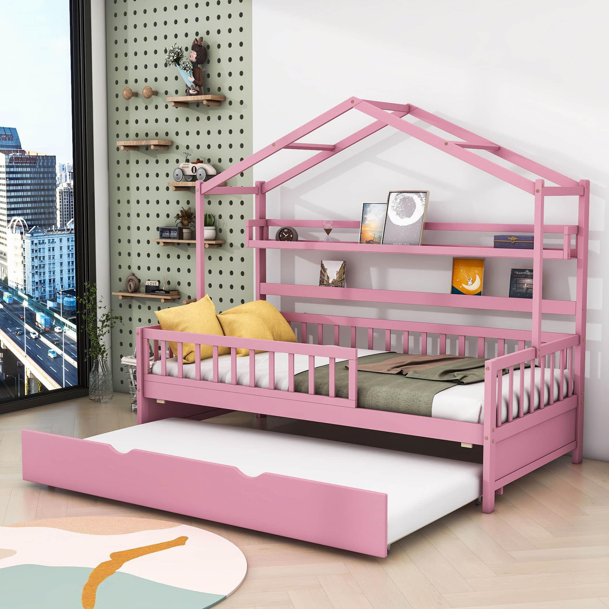 Wood Twin Size Low House Bed Frame with Storage and Twin Trundle Bed