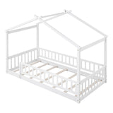 Twin Wood House Kids Toddler Floor Bed with Rails