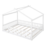 Full Size Wood House Kids Toddler Floor Bed with Rails